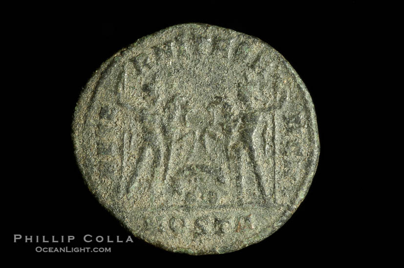 Roman emperor Maxentius (306-312 A.D.), depicted on ancient Roman coin (bronze, denom/type: Follis) (Ae Follis. Obverse: C MAXENTIVS PF AVG. Reverse: AETERNITAS AVG N in ex- MOSTP. S-3776)., natural history stock photograph, photo id 06669