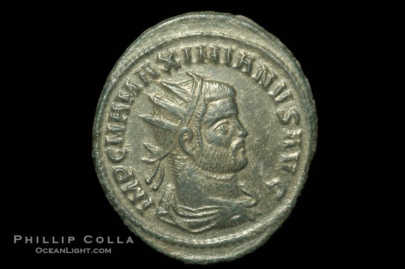 Roman emperor Maximianus (286-305 A.D.), depicted on ancient Roman coin (bronze, denom/type: Antoninianus) (Antoninianus Sear 3611. Obverse: IMP C M A MAXIMIANVS P F AVG. Reverse: CONCORDIA MILITVM)., natural history stock photograph, photo id 06650