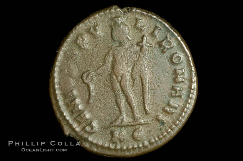 Roman emperor Maximianus (286-305 A.D.), depicted on ancient Roman coin (bronze, denom/type: Follis) (Follis, Sear 3631 wfc; VF.)., natural history stock photograph, photo id 06654