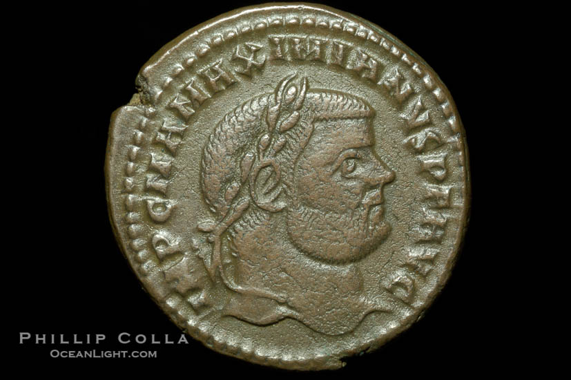 Roman emperor Maximianus (286-305 A.D.), depicted on ancient Roman coin (bronze, denom/type: Follis) (Follis, Sear 3631 wfc; VF.)., natural history stock photograph, photo id 06652