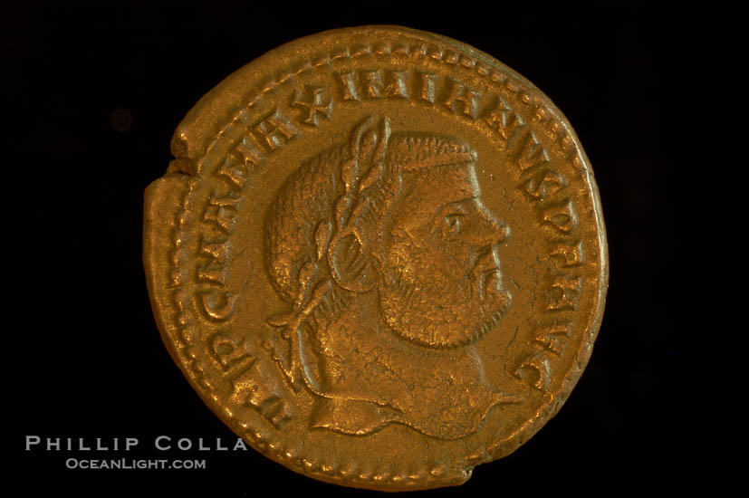 Roman emperor Maximianus (286-305 A.D.), depicted on ancient Roman coin (bronze, denom/type: Follis) (Follis, Sear 3631 wfc; VF.)., natural history stock photograph, photo id 06655
