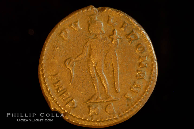 Roman emperor Maximianus (286-305 A.D.), depicted on ancient Roman coin (bronze, denom/type: Follis) (Follis, Sear 3631 wfc; VF.)., natural history stock photograph, photo id 06653