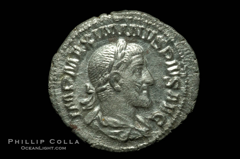 Roman emperor Maximinus I (235-238 A.D.), depicted on ancient Roman coin (silver, denom/type: Denarius)., natural history stock photograph, photo id 06592