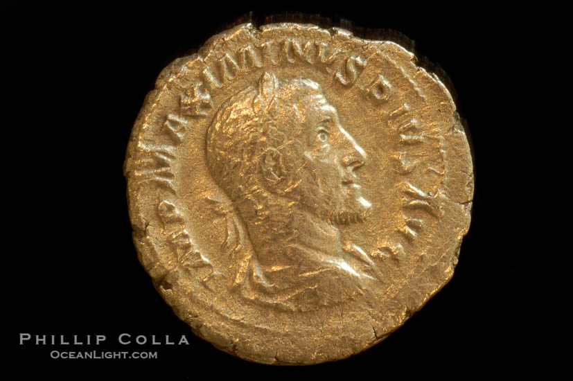 Roman emperor Maximinus I (235-238 A.D.), depicted on ancient Roman coin (silver, denom/type: Denarius)., natural history stock photograph, photo id 06800