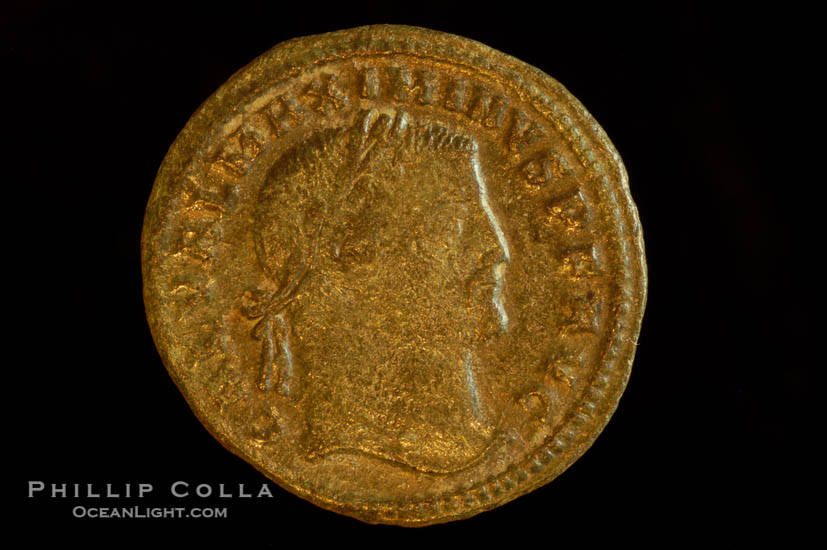 Roman emperor Maximinus II (305-308 A.D.), depicted on ancient Roman coin (bronze, denom/type: Follis) (Follis, 4.64 g,  VF. Reverse: GENIO IMPERATORIS NKY)., natural history stock photograph, photo id 06662