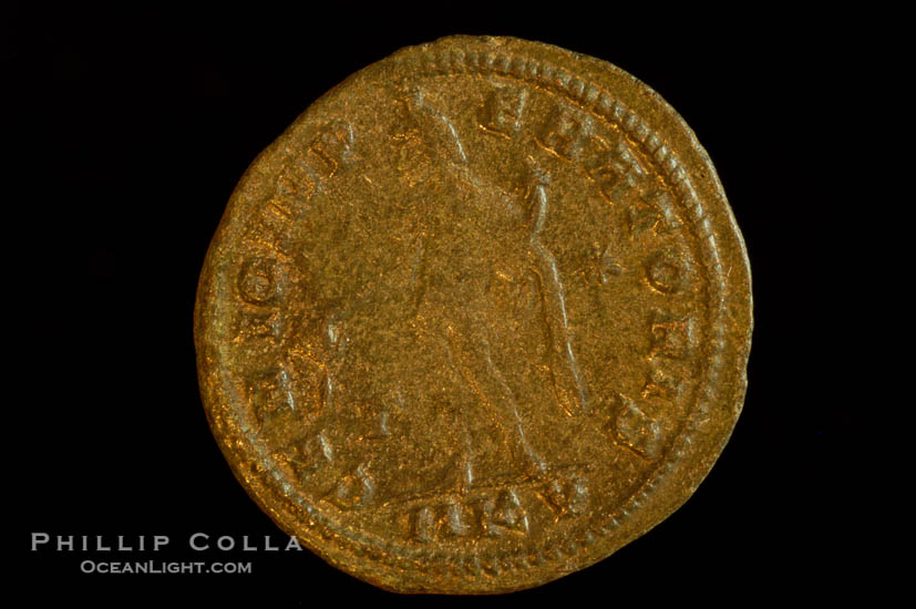 Roman emperor Maximinus II (305-308 A.D.), depicted on ancient Roman coin (bronze, denom/type: Follis) (Follis, 4.64 g,  VF. Reverse: GENIO IMPERATORIS NKY)., natural history stock photograph, photo id 06664