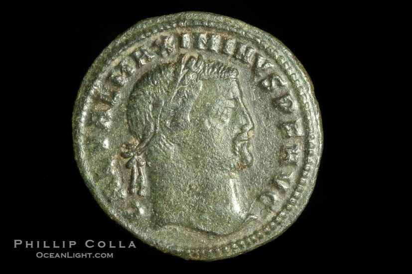 Roman emperor Maximinus II (305-308 A.D.), depicted on ancient Roman coin (bronze, denom/type: Follis) (Follis, 4.64 g,  VF. Reverse: GENIO IMPERATORIS NKY)., natural history stock photograph, photo id 06663
