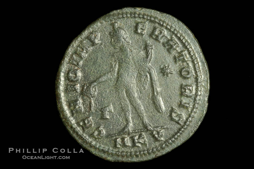 Roman emperor Maximinus II (305-308 A.D.), depicted on ancient Roman coin (bronze, denom/type: Follis) (Follis, 4.64 g,  VF. Reverse: GENIO IMPERATORIS NKY)., natural history stock photograph, photo id 06665