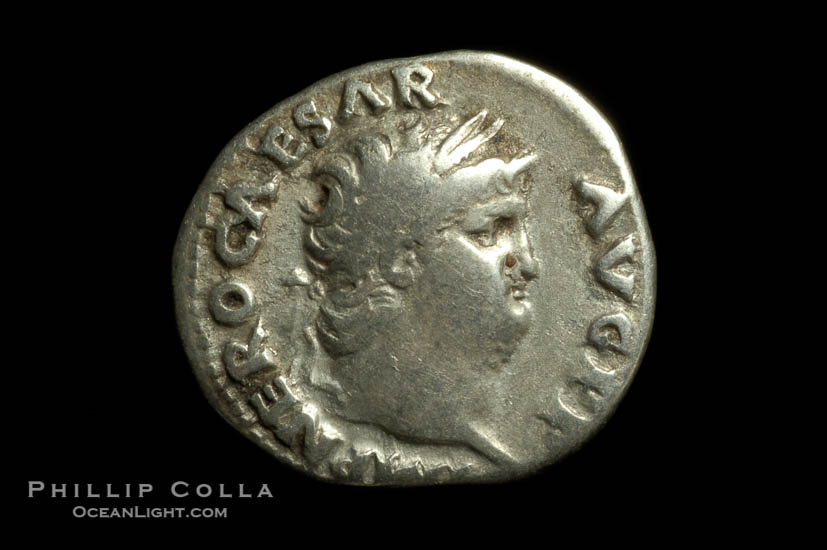 Roman emperor Nero (54-68 A.D.), depicted on ancient Roman coin (silver, denom/type: Denarius) (Denarius, RIC 54, BMC 98, RSC 316. Obverse: IMP NERO CAESAR AVG PP. Reverse: SALUS exergue.)., natural history stock photograph, photo id 06534