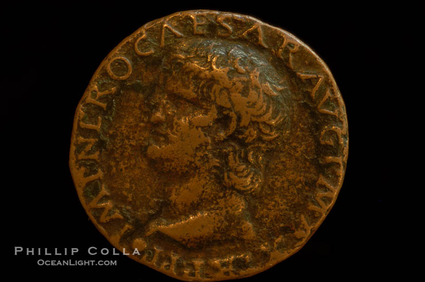 Roman emperor Nero (54-68 A.D.), depicted on ancient Roman coin (bronze, denom/type: As) (As, RIC 329. Obverse: IMP NERO CAESAR AVG P MAX TR PPP. Reverse: Victory, SPQR)., natural history stock photograph, photo id 06784