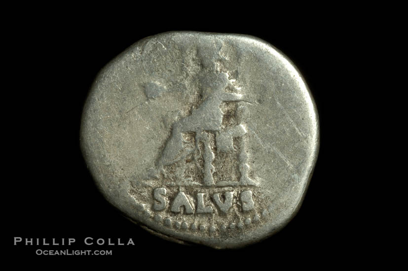 Roman emperor Nero (54-68 A.D.), depicted on ancient Roman coin (silver, denom/type: Denarius) (Denarius, RIC 54, BMC 98, RSC 316. Obverse: IMP NERO CAESAR AVG PP. Reverse: SALUS exergue.)., natural history stock photograph, photo id 06535