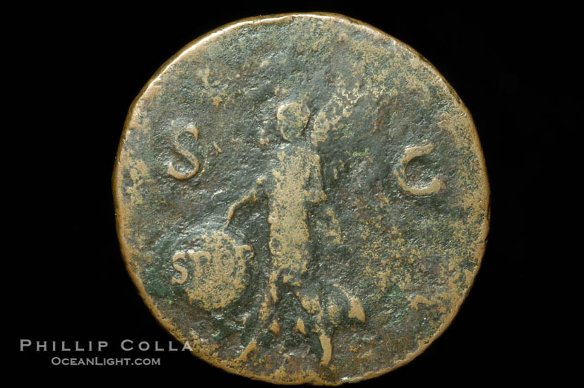 Roman emperor Nero (54-68 A.D.), depicted on ancient Roman coin (bronze, denom/type: As) (As, RIC 329. Obverse: IMP NERO CAESAR AVG P MAX TR PPP. Reverse: Victory, SPQR)., natural history stock photograph, photo id 06787