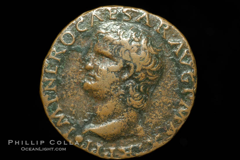Roman emperor Nero (54-68 A.D.), depicted on ancient Roman coin (bronze, denom/type: As) (As, RIC 329. Obverse: IMP NERO CAESAR AVG P MAX TR PPP. Reverse: Victory, SPQR)., natural history stock photograph, photo id 06785