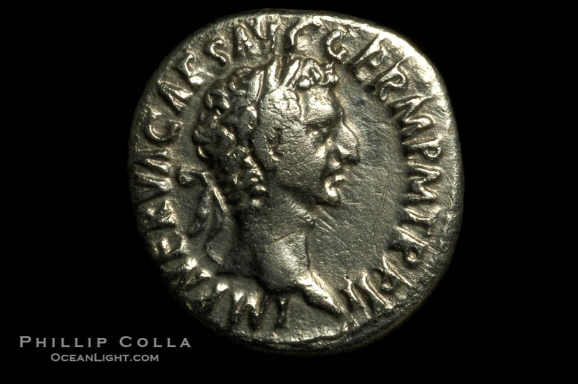 Roman emperor Nerva (96-98 A.D.), depicted on ancient Roman coin (silver, denom/type: Denarius) (Denarius, VF/F. Obverse: IMP NERVA CAES AVG GERM P M TR P II. Reverse: IMP II COS IIII P P, Fortuna stg. Left.)., natural history stock photograph, photo id 06546