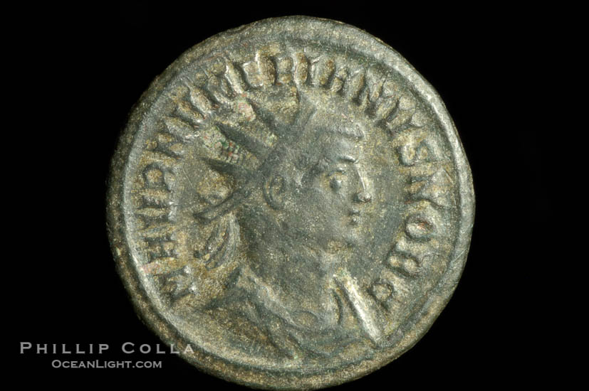 Roman emperor Numerian (283-284 A.D.), depicted on ancient Roman coin (bronze, denom/type: Antoninianus) (Antoninianus F. Obverse: M AVR NVMERIANVS NOB C. Reverse: R VIRTVS AVGG.)., natural history stock photograph, photo id 06644
