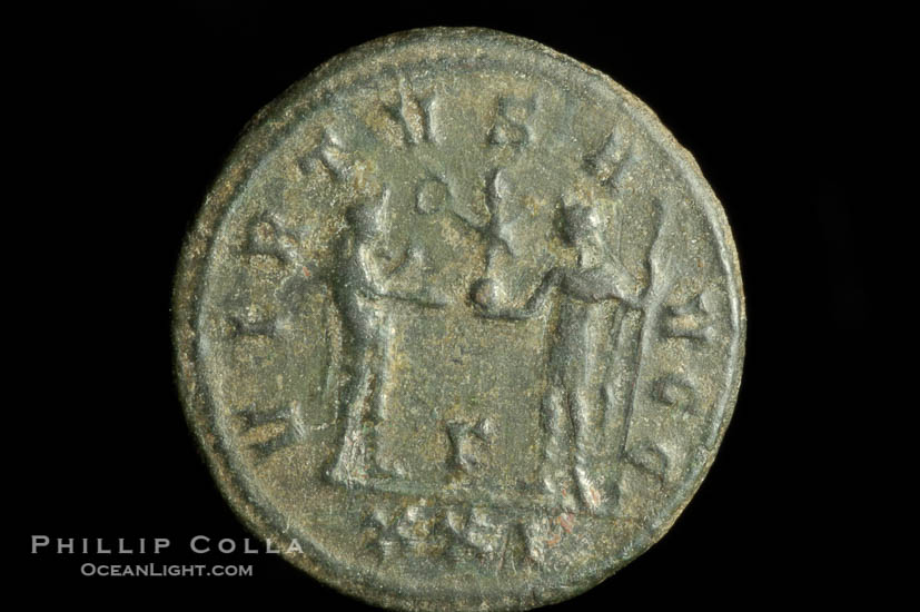 Roman emperor Numerian (283-284 A.D.), depicted on ancient Roman coin (bronze, denom/type: Antoninianus) (Antoninianus F. Obverse: M AVR NVMERIANVS NOB C. Reverse: R VIRTVS AVGG.)., natural history stock photograph, photo id 06645