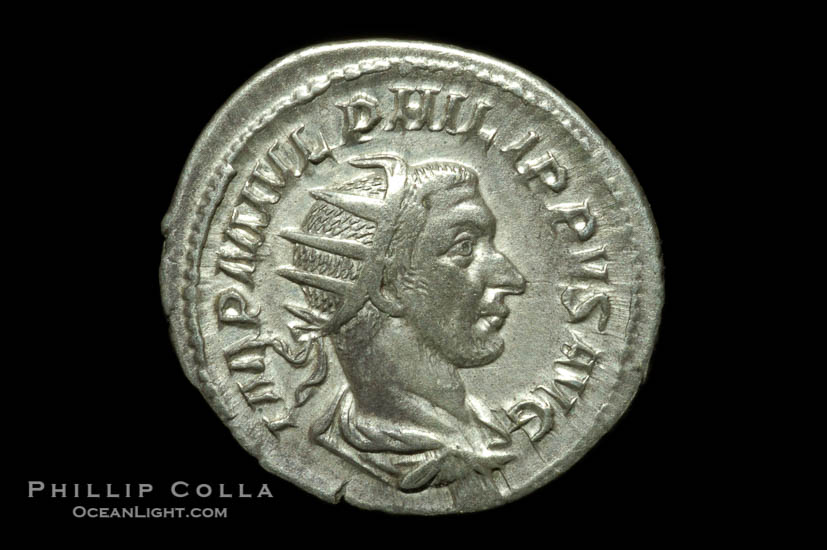 Roman emperor Philip I (244-249 A.D.), depicted on ancient Roman coin (silver, denom/type: Antoninianus) (Antoninianus EF/VF, Sea 2560. Obverse: IMP M IVL PHILIPPVS AVG. Reverse: LAET FVNDATA)., natural history stock photograph, photo id 06598