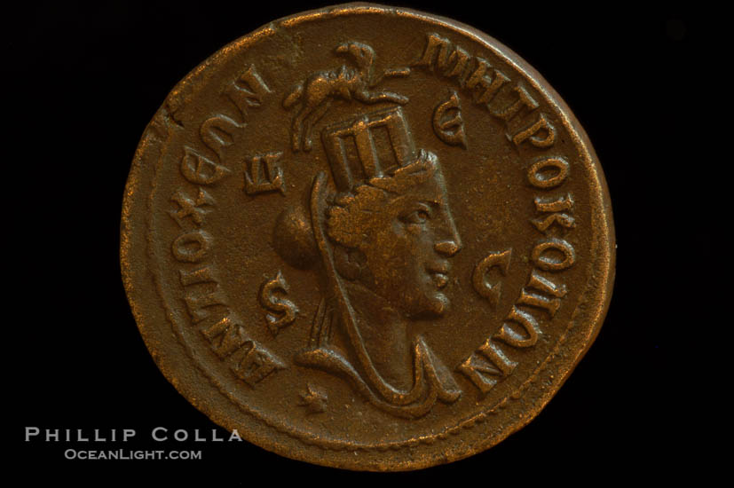 Roman emperor Philip I (244-249 A.D.), depicted on ancient Roman coin (bronze, denom/type: AE30) (AE30. Antioch, Pluria mint. VF+.)., natural history stock photograph, photo id 06810