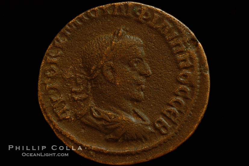 Roman emperor Philip I (244-249 A.D.), depicted on ancient Roman coin (bronze, denom/type: AE30) (AE30. Antioch, Pluria mint. VF+.)., natural history stock photograph, photo id 06808