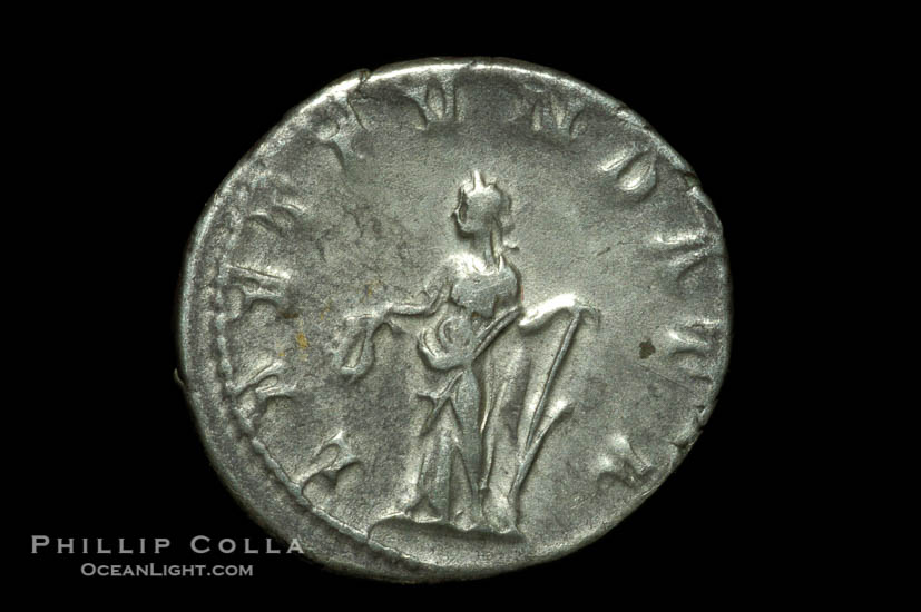 Roman emperor Philip I (244-249 A.D.), depicted on ancient Roman coin (silver, denom/type: Antoninianus) (Antoninianus EF/VF, Sea 2560. Obverse: IMP M IVL PHILIPPVS AVG. Reverse: LAET FVNDATA)., natural history stock photograph, photo id 06599