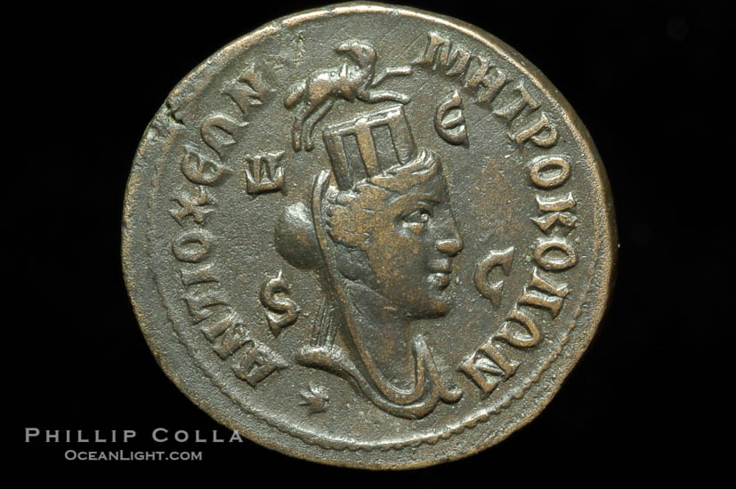 Roman emperor Philip I (244-249 A.D.), depicted on ancient Roman coin (bronze, denom/type: AE30) (AE30. Antioch, Pluria mint. VF+.)., natural history stock photograph, photo id 06811