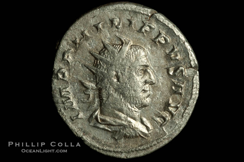 Roman emperor Philip I (244-249 A.D.), depicted on ancient Roman coin (silver, denom/type: Antoninianus)., natural history stock photograph, photo id 06805