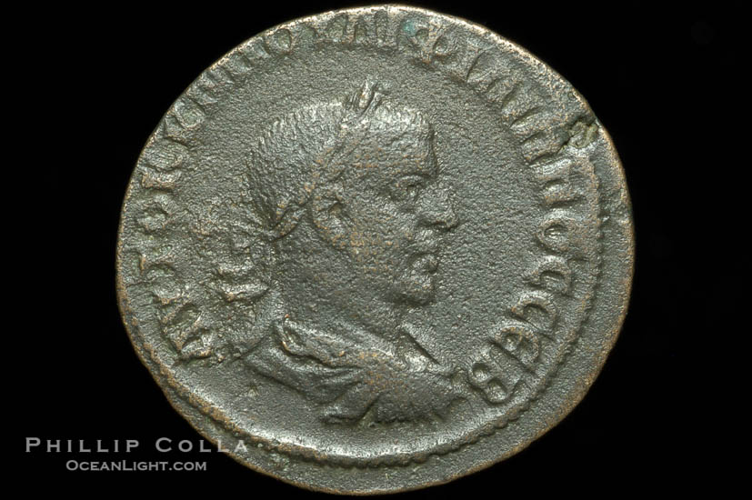 Roman emperor Philip I (244-249 A.D.), depicted on ancient Roman coin (bronze, denom/type: AE30) (AE30. Antioch, Pluria mint. VF+.)., natural history stock photograph, photo id 06809