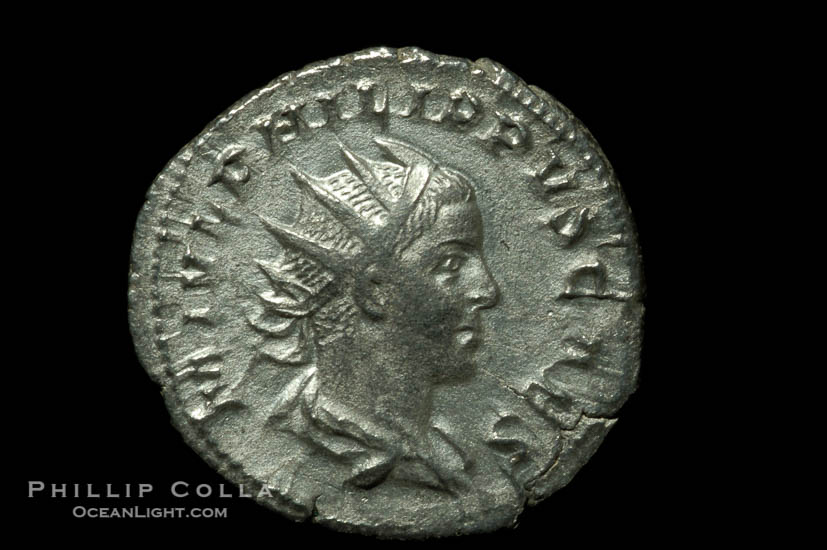Roman emperor Philip II (247-249 A.D.), depicted on ancient Roman coin (silver, denom/type: Antoninianus) (Antoninianus, 2.4g.)., natural history stock photograph, photo id 06600