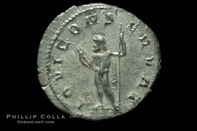 Roman emperor Philip II (247-249 A.D.), depicted on ancient Roman coin (silver, denom/type: Antoninianus) (Antoninianus, 2.4g.)., natural history stock photograph, photo id 06601