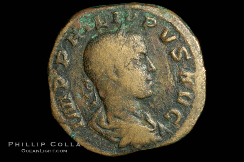 Roman emperor Philip II (247-249 A.D.), depicted on ancient Roman coin (bronze, denom/type: Sestertius) (AE Sestertius Obverse: IMP PHILIPPVS AVG. Reverse: PAX ATERNA SC. Pax standing left.)., natural history stock photograph, photo id 06813