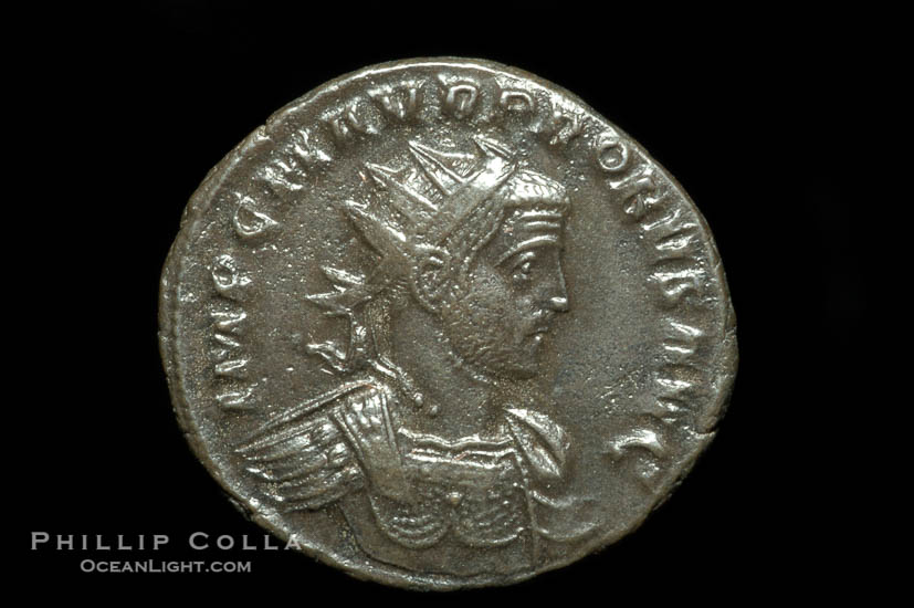 Roman emperor Probus (276-282 A.D.), depicted on ancient Roman coin (bronze, denom/type: Antoninianus) (Antoninianus, EF+, VanMeter 59 var, RIC 821. Obverse: IMP C M AVR PROBVS P F AVG. Reverse: VIRTVS PROBI AVG, XXIVI exergue.)., natural history stock photograph, photo id 06640