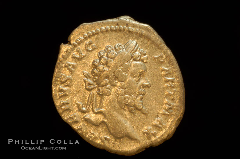 Roman emperor Sept. Severus (193-211 A.D.), depicted on ancient Roman coin (silver, denom/type: Denarius) (Denarius, 3.18g. Sear 1753v, RSC 203, RIC 160. Obverse: SEVERVS AVG PART MAX. Reverse: FVNDATOR PACIS)., natural history stock photograph, photo id 06572
