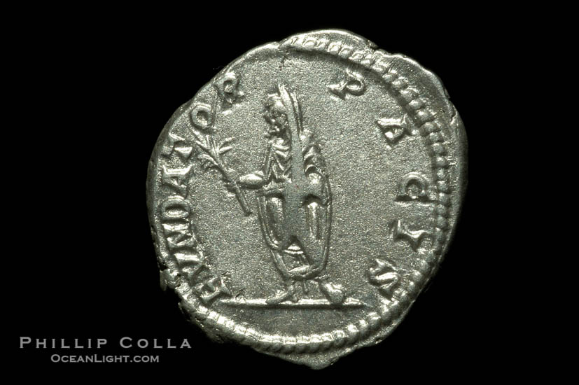 Roman emperor Sept. Severus (193-211 A.D.), depicted on ancient Roman coin (silver, denom/type: Denarius) (Denarius, 3.18g. Sear 1753v, RSC 203, RIC 160. Obverse: SEVERVS AVG PART MAX. Reverse: FVNDATOR PACIS)., natural history stock photograph, photo id 06575