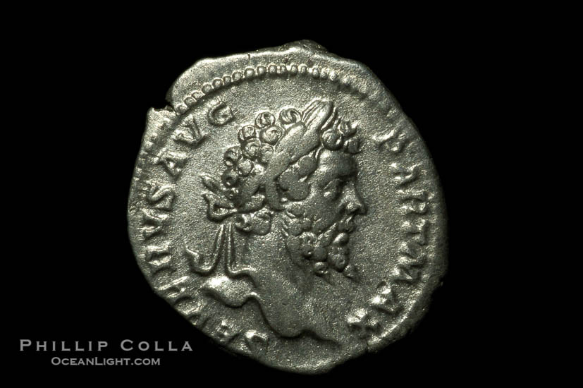 Roman emperor Sept. Severus (193-211 A.D.), depicted on ancient Roman coin (silver, denom/type: Denarius) (Denarius, 3.18g. Sear 1753v, RSC 203, RIC 160. Obverse: SEVERVS AVG PART MAX. Reverse: FVNDATOR PACIS)., natural history stock photograph, photo id 06573