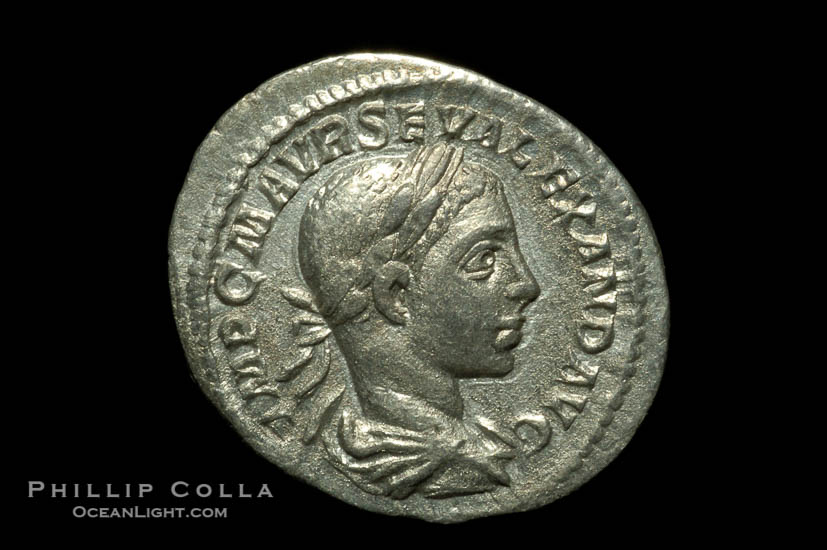 Roman emperor Severus Alexander (222-235 A.D.), depicted on ancient Roman coin (silver, denom/type: Denarius)., natural history stock photograph, photo id 06590