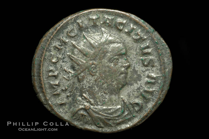 Roman emperor Tacitus (275-276 A.D.), depicted on ancient Roman coin (bronze, denom/type: Antoninianus) (Antoninianus VF. Obverse: IMP C M C L TACITVS AVG. Reverse: VBERAS AVG)., natural history stock photograph, photo id 06636