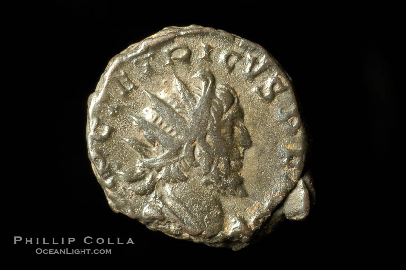 Roman emperor Tetricus I (273-274 A.D.), depicted on ancient Roman coin (bronze, denom/type: Antoninianus)., natural history stock photograph, photo id 06632