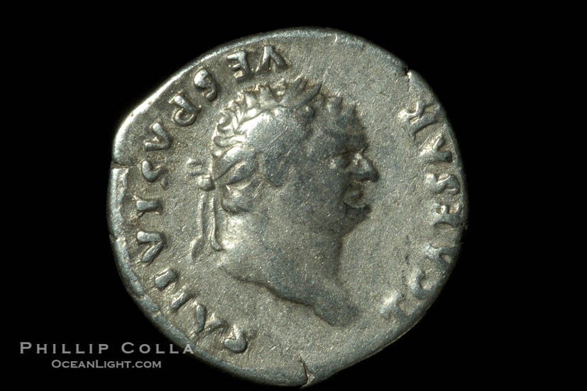 Roman emperor Titus (79-81 A.D.), depicted on ancient Roman coin (silver, denom/type: Denarius) (Denarius F.)., natural history stock photograph, photo id 06542