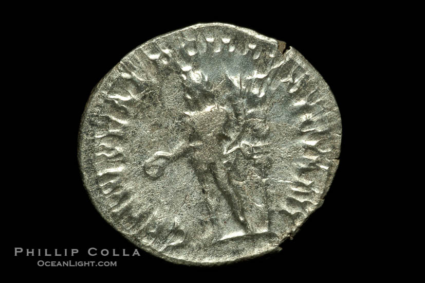 Roman emperor Trajan Decius (249-251 A.D.), depicted on ancient Roman coin (silver, denom/type: Antoninianus) (Antoninianus, EF. Obverse: IMP C M Q TRAIANVS DECIVS AVG. Reverse: GENIVS EXERSILLYRICIANI)., natural history stock photograph, photo id 06603