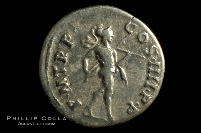 Roman emperor Trajan (98-117 A.D.), depicted on ancient Roman coin (silver, denom/type: Denarius)., natural history stock photograph, photo id 06549