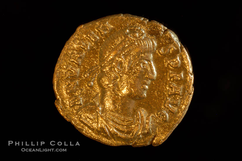 Roman emperor Valens (364-378 A.D.), depicted on ancient Roman coin (bronze, denom/type: AE3) (AE3, EF; Sear 4118. Obverse: D N VALENS P F AVG)., natural history stock photograph, photo id 06722