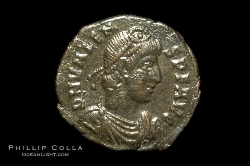 Roman emperor Valens (364-378 A.D.), depicted on ancient Roman coin (bronze, denom/type: AE3) (AE3, EF; Sear 4118. Obverse: D N VALENS P F AVG)., natural history stock photograph, photo id 06723