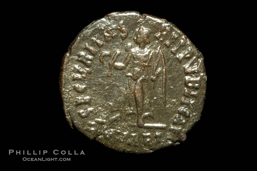 Roman emperor Valens (364-378 A.D.), depicted on ancient Roman coin (bronze, denom/type: AE3) (AE3, EF; Sear 4118. Obverse: D N VALENS P F AVG)., natural history stock photograph, photo id 06725