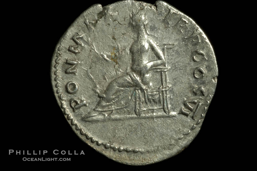 Roman emperor Vespasian (69-79 A.D.), depicted on ancient Roman coin (silver, denom/type: Denarius) (Denarius, 3.43 g, RIC 90, RSC 366, S 780.)., natural history stock photograph, photo id 06541