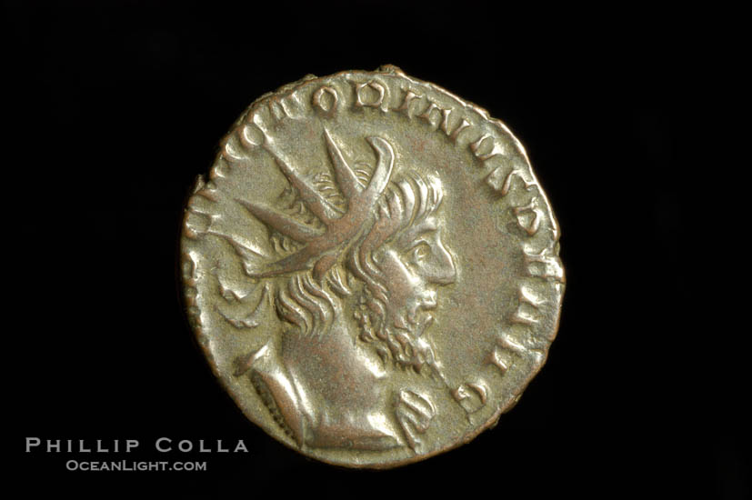 Roman emperor Victorinus (269-271 A.D.), depicted on ancient Roman coin (bronze, denom/type: Antoninianus) (Antoninianus VM 9; PIETAS AVG.)., natural history stock photograph, photo id 06620