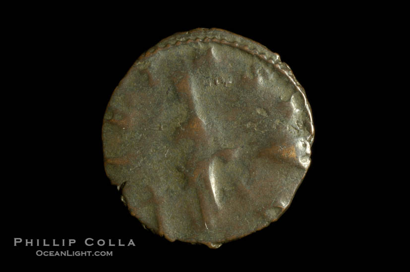 Roman emperor Victorinus (269-271 A.D.), depicted on ancient Roman coin (bronze, denom/type: Antoninianus) (Antoninianus VM 9; PIETAS AVG.)., natural history stock photograph, photo id 06621