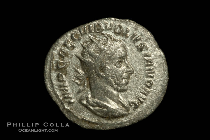 Roman emperor Volusian (251-253 A.D.), depicted on ancient Roman coin (silver, denom/type: Antoninianus) (Antoninianus VF. Obverse: IMP CA C VIB VOLUSIANUS AUG. Reverse: PM TRP IIII COS II)., natural history stock photograph, photo id 06606