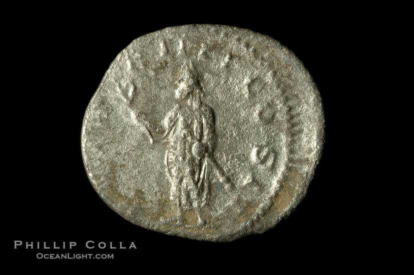 Roman emperor Volusian (251-253 A.D.), depicted on ancient Roman coin (silver, denom/type: Antoninianus) (Antoninianus VF. Obverse: IMP CA C VIB VOLUSIANUS AUG. Reverse: PM TRP IIII COS II)., natural history stock photograph, photo id 06607