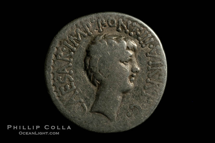 Roman emperors Marc Antony and Octavian (41 B.C.), depicted on ancient Roman coin (silver, denom/type: Denarius)., natural history stock photograph, photo id 06518