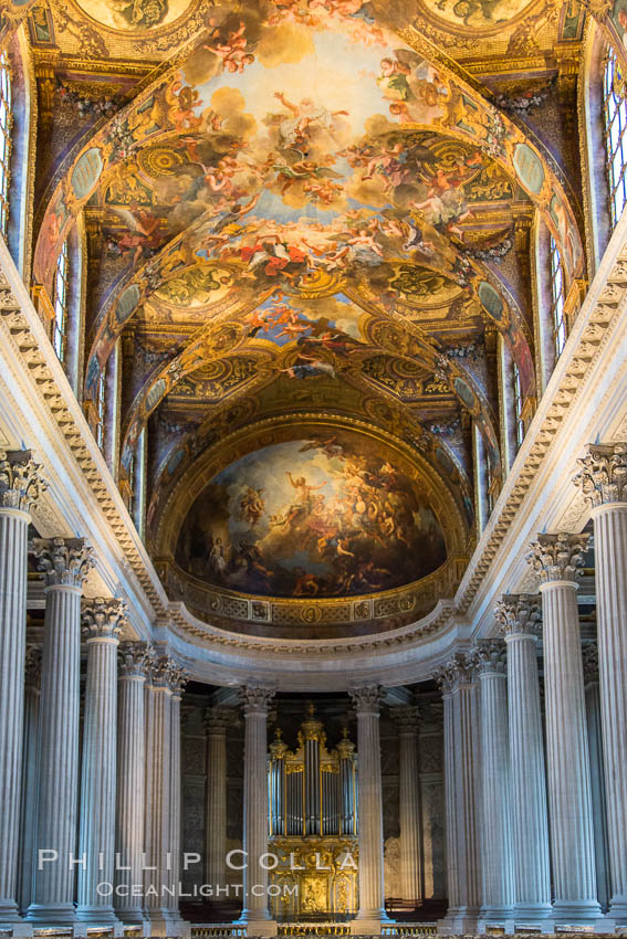 Royal Chapel of Versailles, dedicated to Saint Louis, patron saint of the Bourbons, the chapel was consecrated in 1710.  It was here that  Louis XVI of France was wed to Marie-Antoinette. The ceiling represents God the Father in His Glory Bringing to the World the Promise of Redemption and was painted by Antoine Coypel. Chateau de Versailles, Paris, natural history stock photograph, photo id 28250